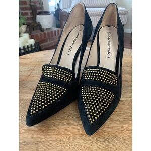 Via Spiga Black Suede Gold Stud Pointed Toe Stiletto Heels Shoe Women US 6